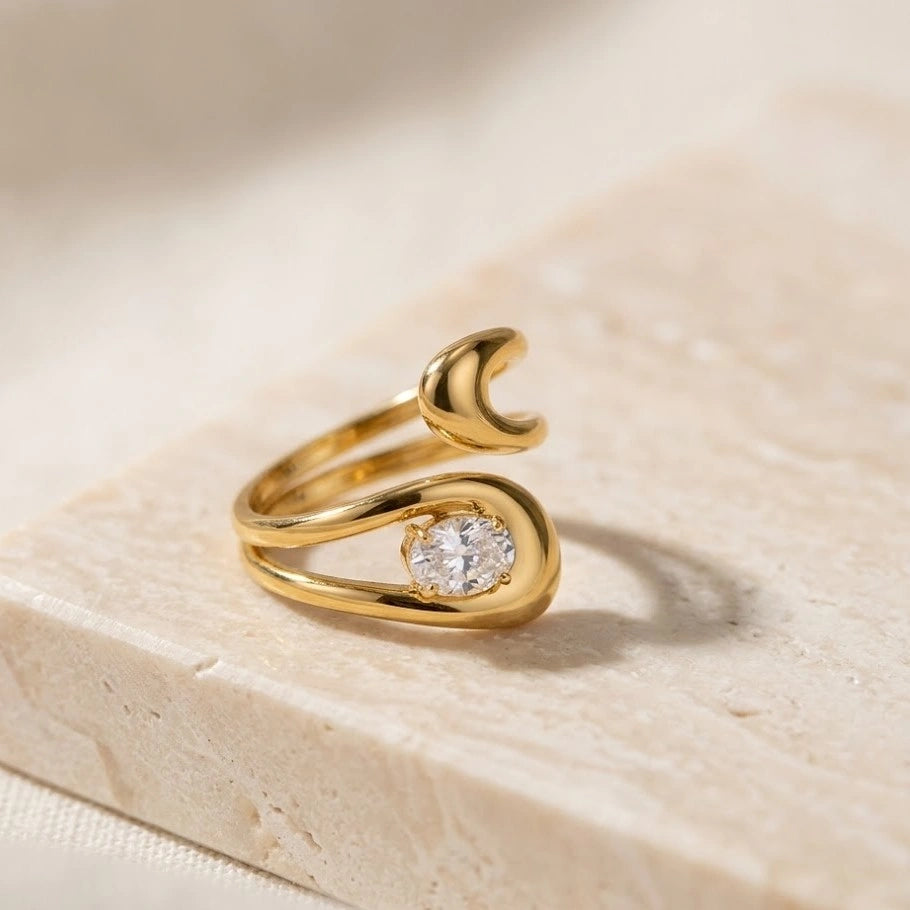 Crescent Moon & CZ Stone Adjustable Ring | Anti-Tarnish Gold Plated