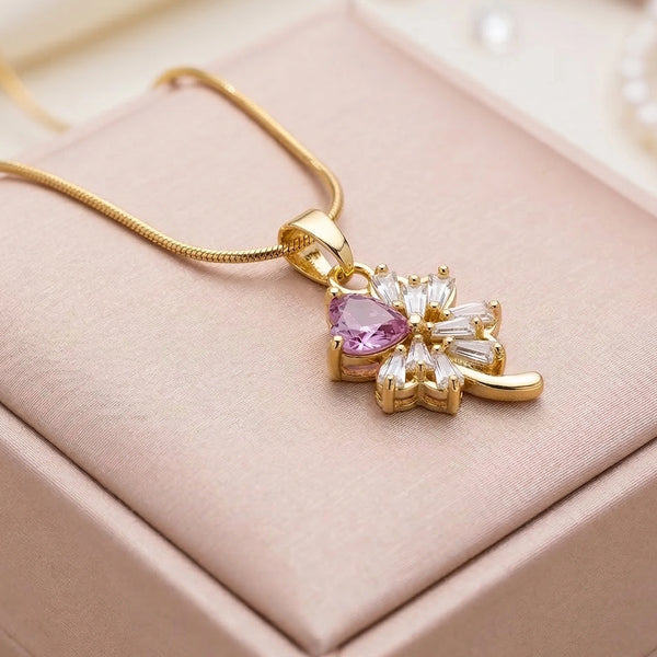 Anti-Tarnish Gold Plated Pink Heart Clover Pendant Necklace Front View