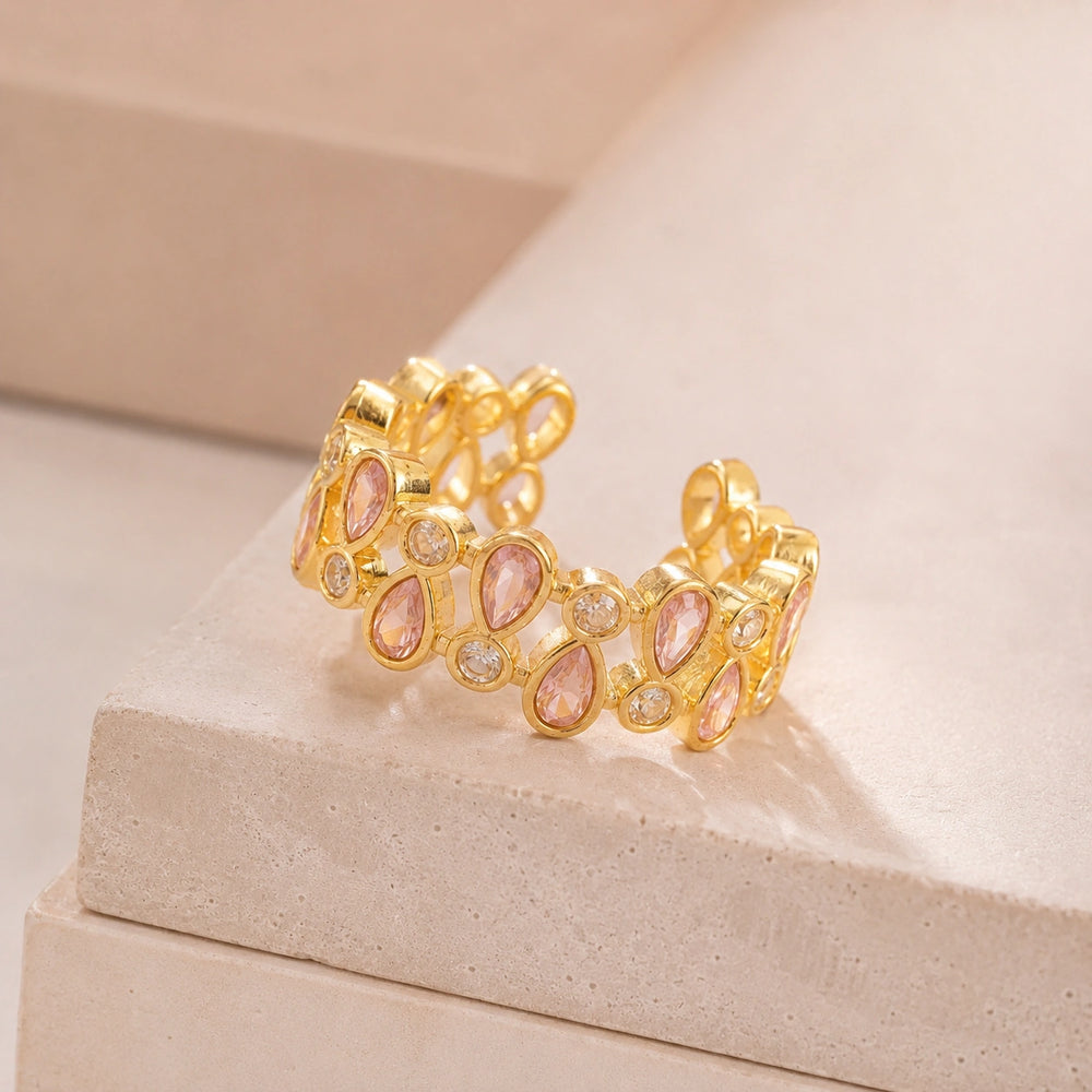 Pink Teardrop Crystal Adjustable Ring - Anti Tarnish Gold Plated