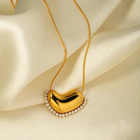 Anti-Tarnish Gold-Plated Puffy Heart Necklace with Crystal Border