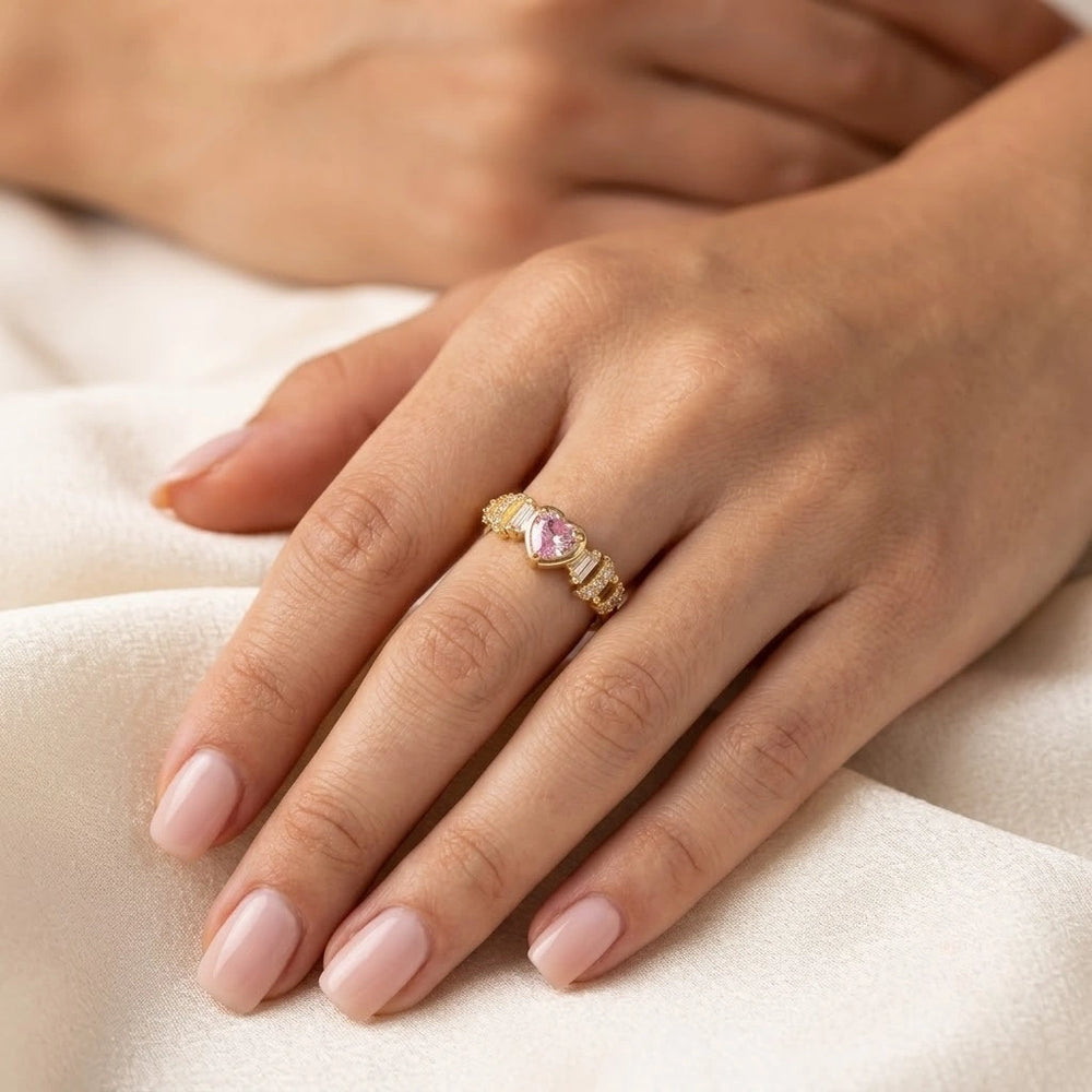 Pink Heart Crystal Adjustable Ring - Anti Tarnish Gold Plated