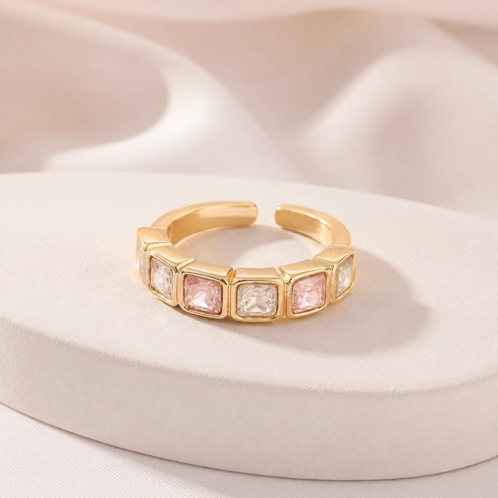 Pink & White Stone Adjustable Ring - Anti-Tarnish Gold Plated