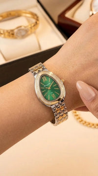 Emerald Serpentine Dial Two-Tone Anti-Tarnish Gold Plated Watch for Women | Moncheri Jewels