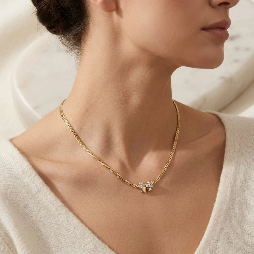 Coquette Bow Heart Pendant Snake Chain Necklace - Anti Tarnish Gold Plated