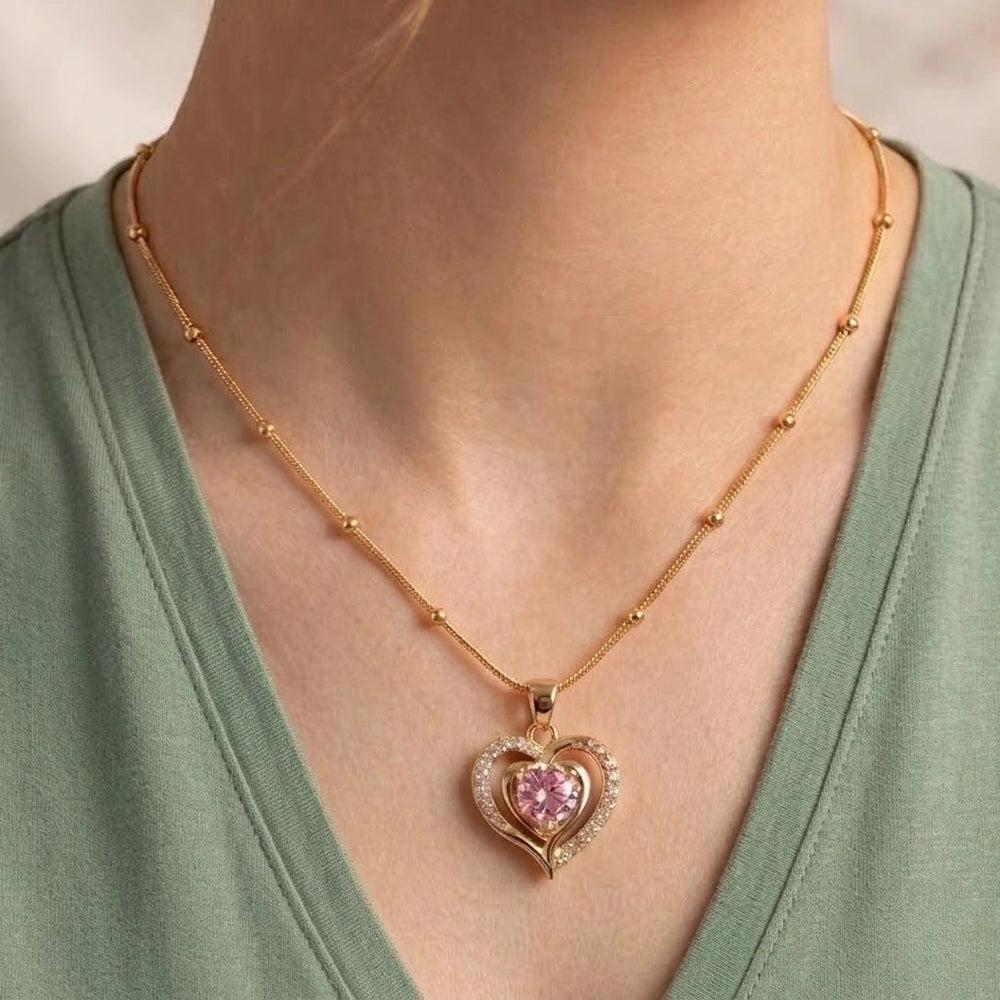 Dainty Pink Heart Pendant Anti-Tarnish Gold Plated Necklace