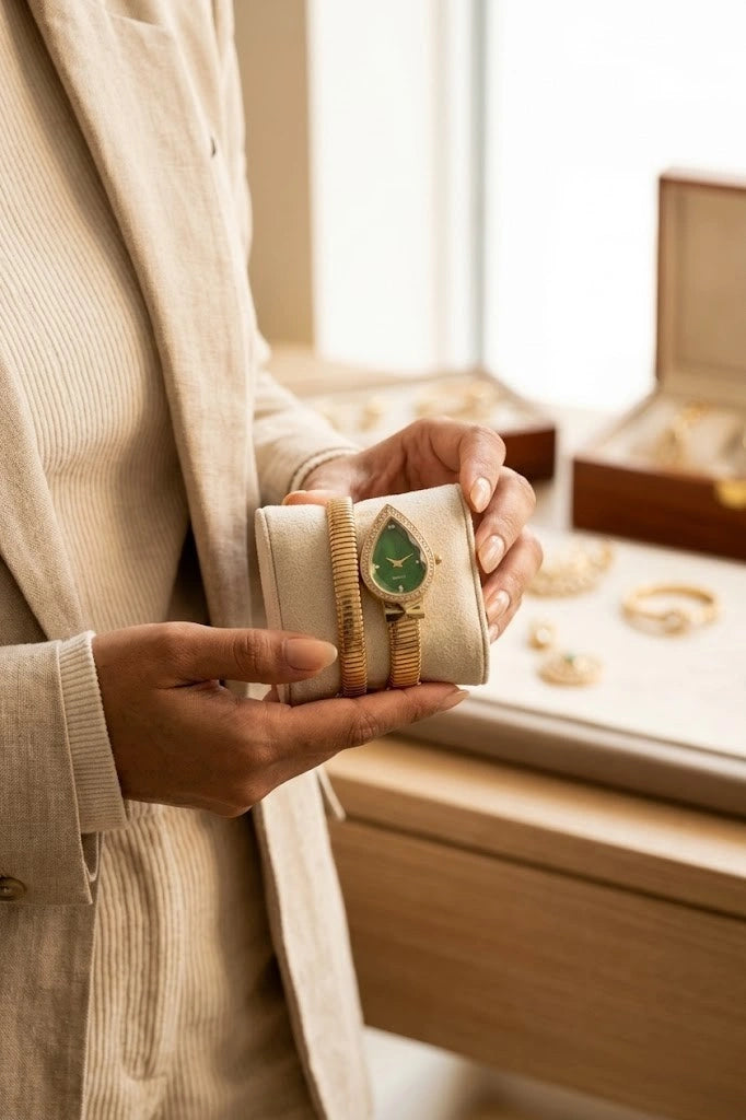 Premium Emerald Teardrop Anti-Tarnish Gold Plated Serpent Wrap Watch