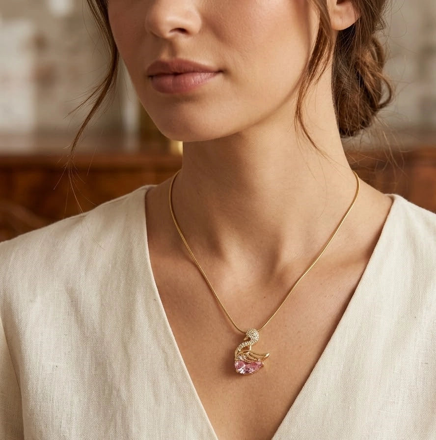 Pink Crystal Swan Pendant Necklace | Anti-Tarnish Gold Plated