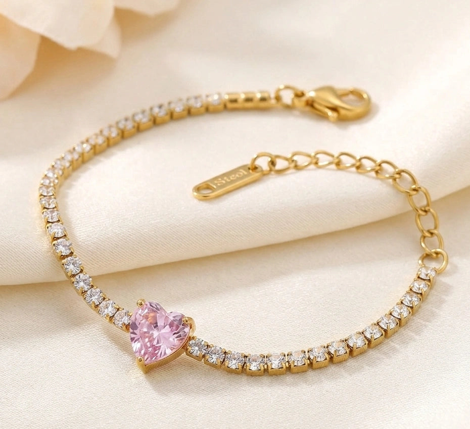 Pink Heart Tennis Bracelet | Anti-Tarnish Gold Plated