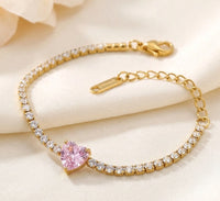 Pink Heart Tennis Bracelet | Anti-Tarnish Gold Plated