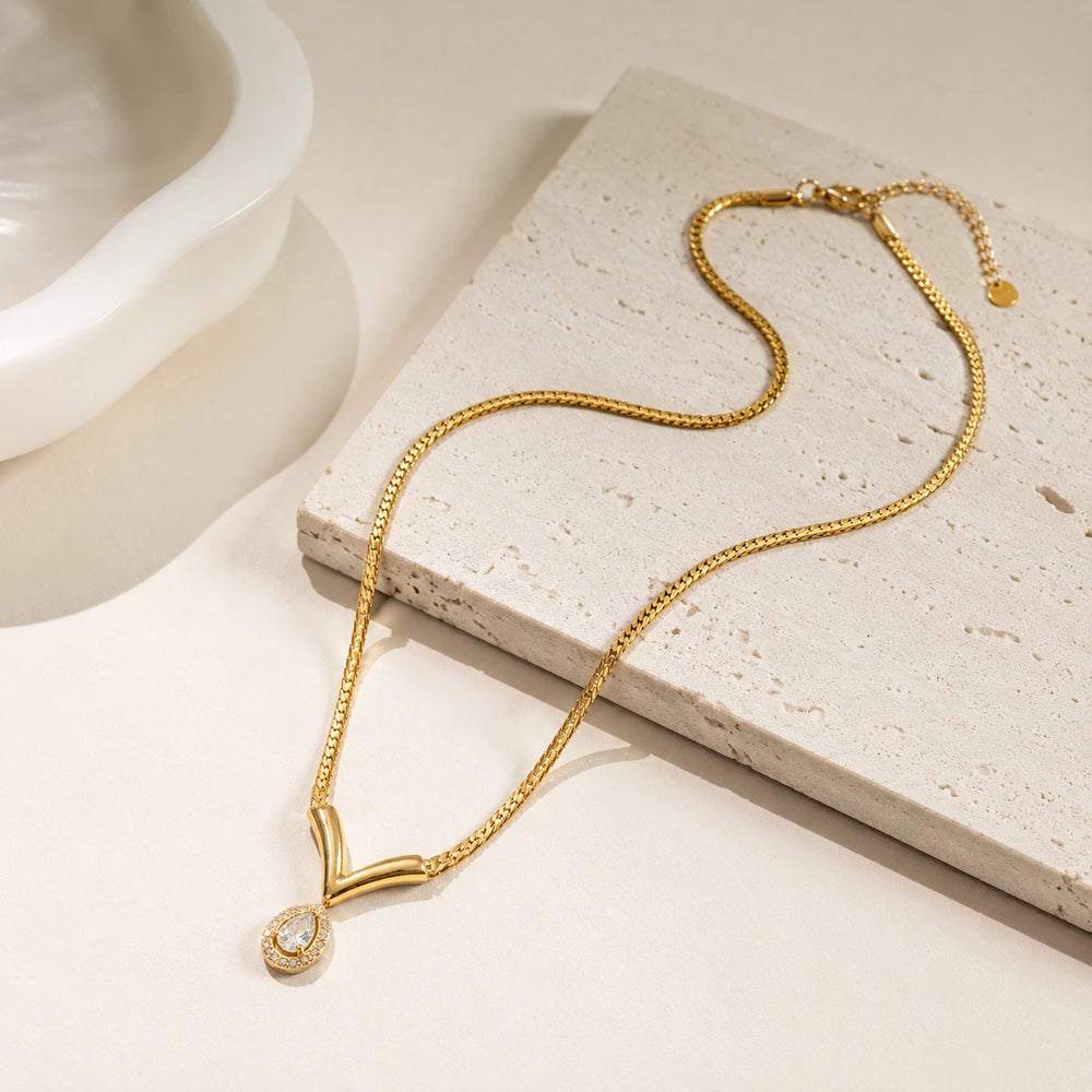 V-Shape Teardrop Crystal Pendant - Anti-Tarnish Gold-Plated Necklace