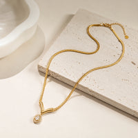 V-Shape Teardrop Crystal Pendant - Anti-Tarnish Gold-Plated Necklace