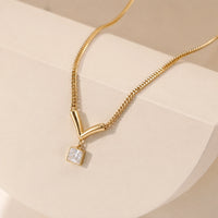 Anti-Tarnish Gold Plated V-Shape Geometric Necklace with Square Crystal