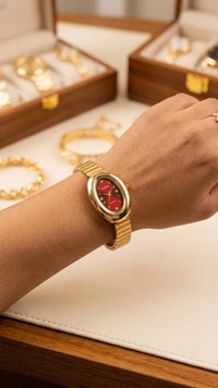 Vintage Oval Red Dial Anti-Tarnish Gold Plated Watch