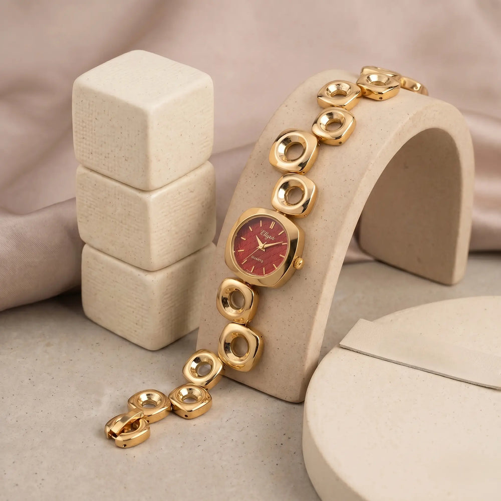 Vintage Geometric Chain Anti-Tarnish Gold Plated Watch with Maroon Dial