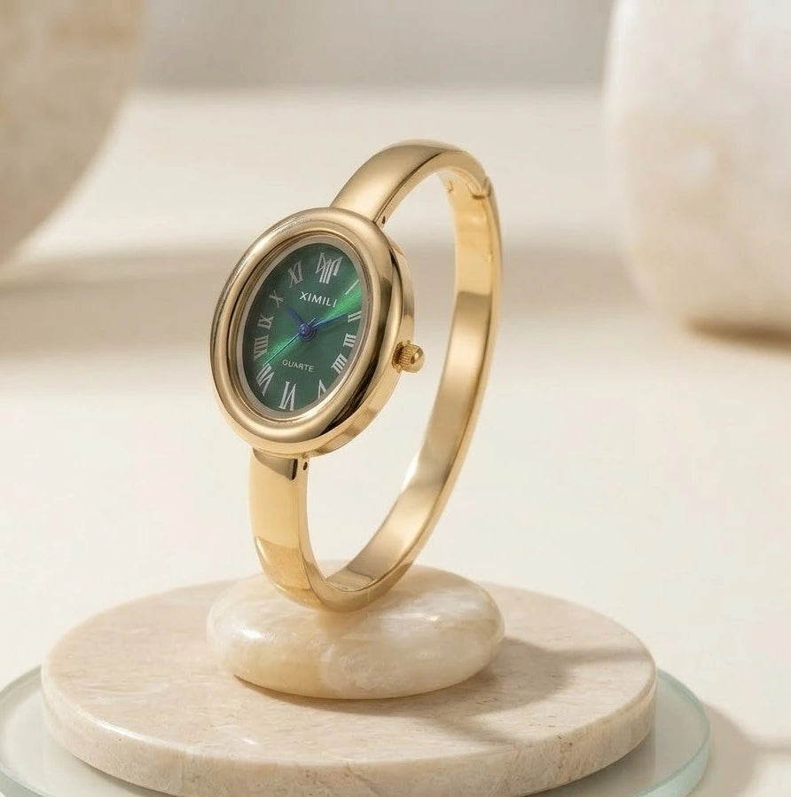 Vintage Emerald Green Dial Bangle Watch | Anti-Tarnish Gold Plated | Moncheri Jewels