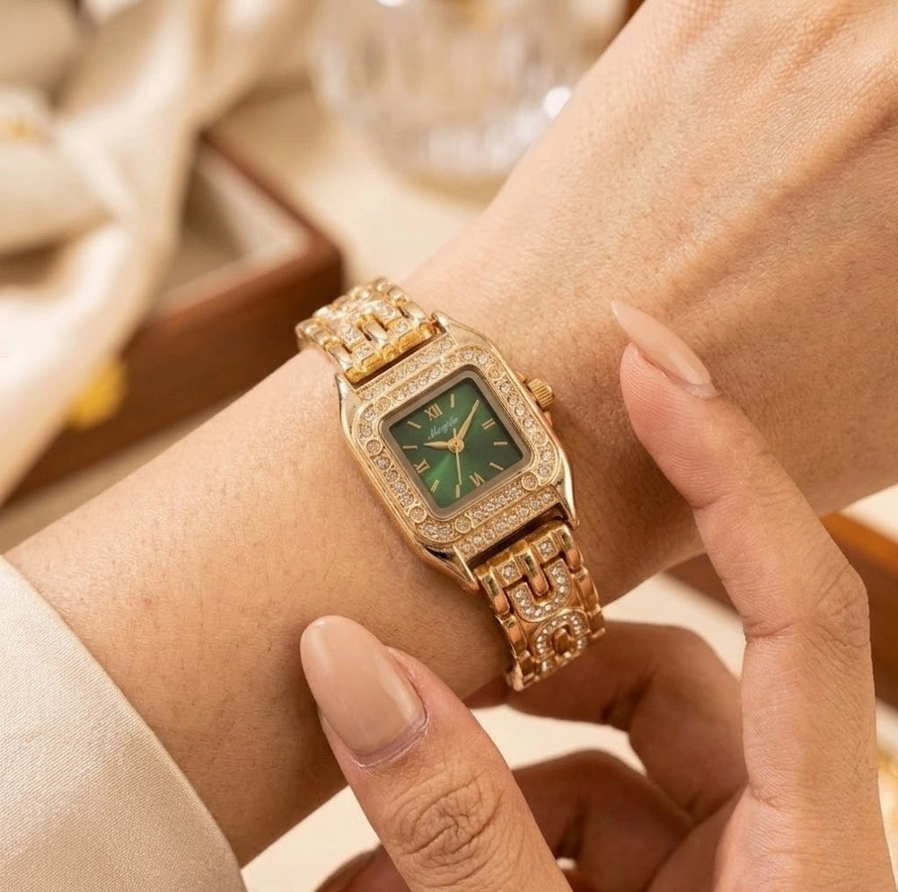 Premium Stone-Studded Square Dial Watch | Elegant Anti-Tarnish Gold Plated Wristwatch for Women