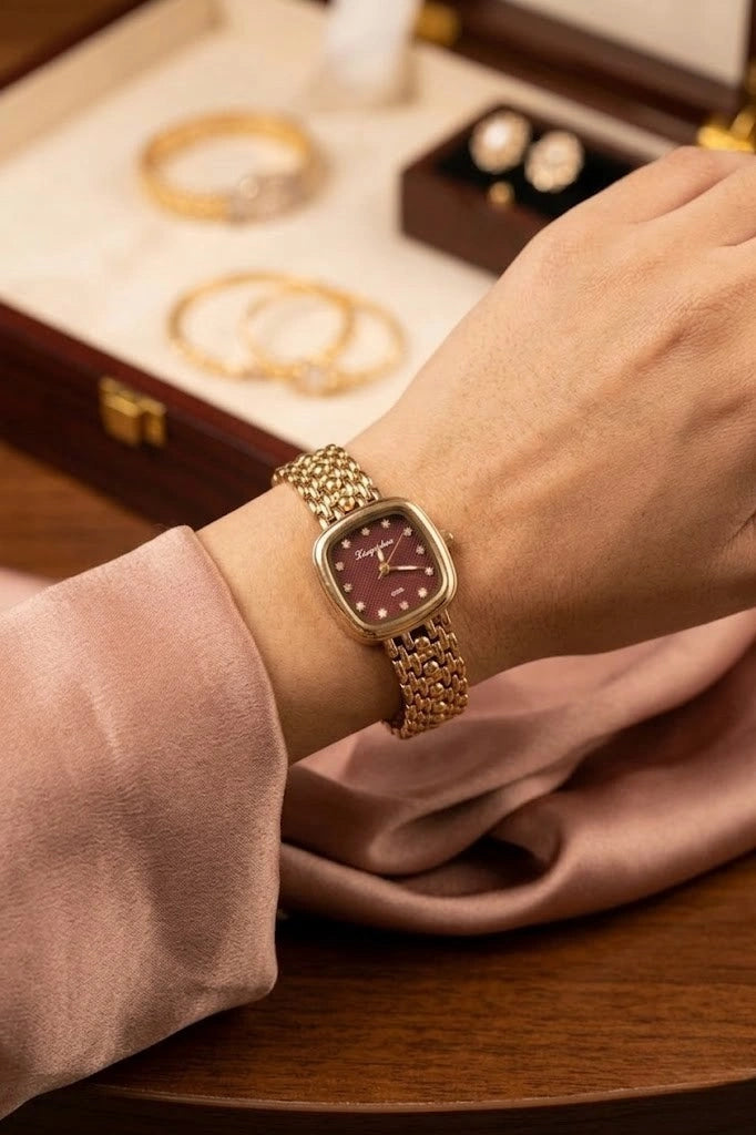 Old Money Aesthetic Burgundy Dial Watch - Anti-Tarnish Gold Plated