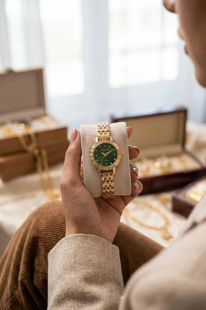 Vintage Emerald Green Dial Anti-Tarnish Gold Plated Watch for Women | Moncheri Jewels