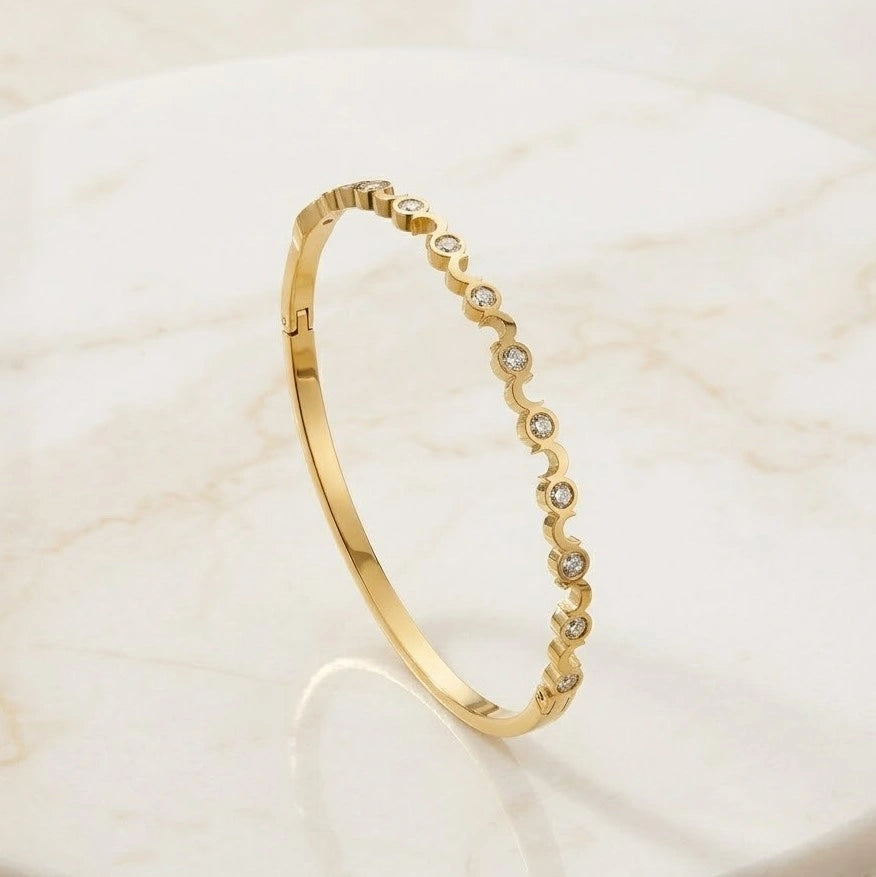 Scalloped Wave Crystal Bracelet - Anti-Tarnish Gold Plated