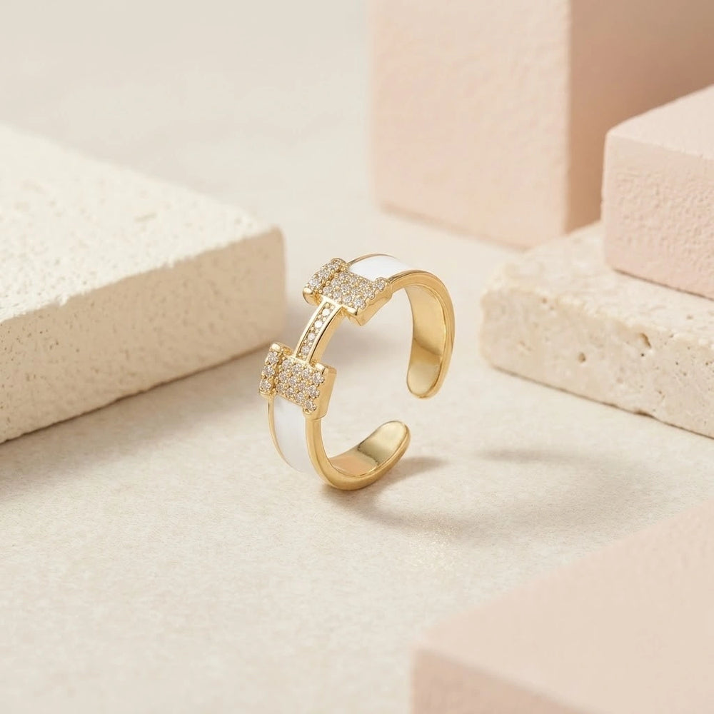 Anti-Tarnish Gold Plated White Enamel H Ring - Adjustable Minimalist Design