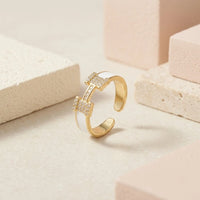 Anti-Tarnish Gold Plated White Enamel H Ring - Adjustable Minimalist Design