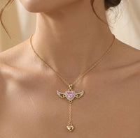 Angel Wings Pink Heart Pendant Necklace - Anti-Tarnish Gold-Plated