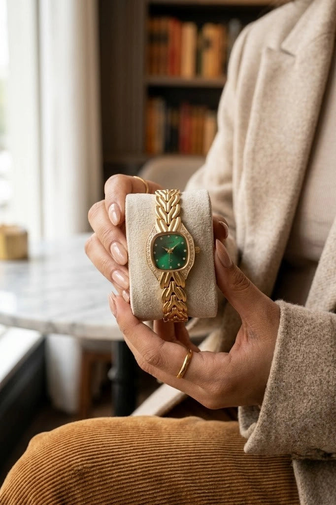 Vintage Emerald Green Dial Gold Plated Watch - Anti-Tarnish Luxury Watch