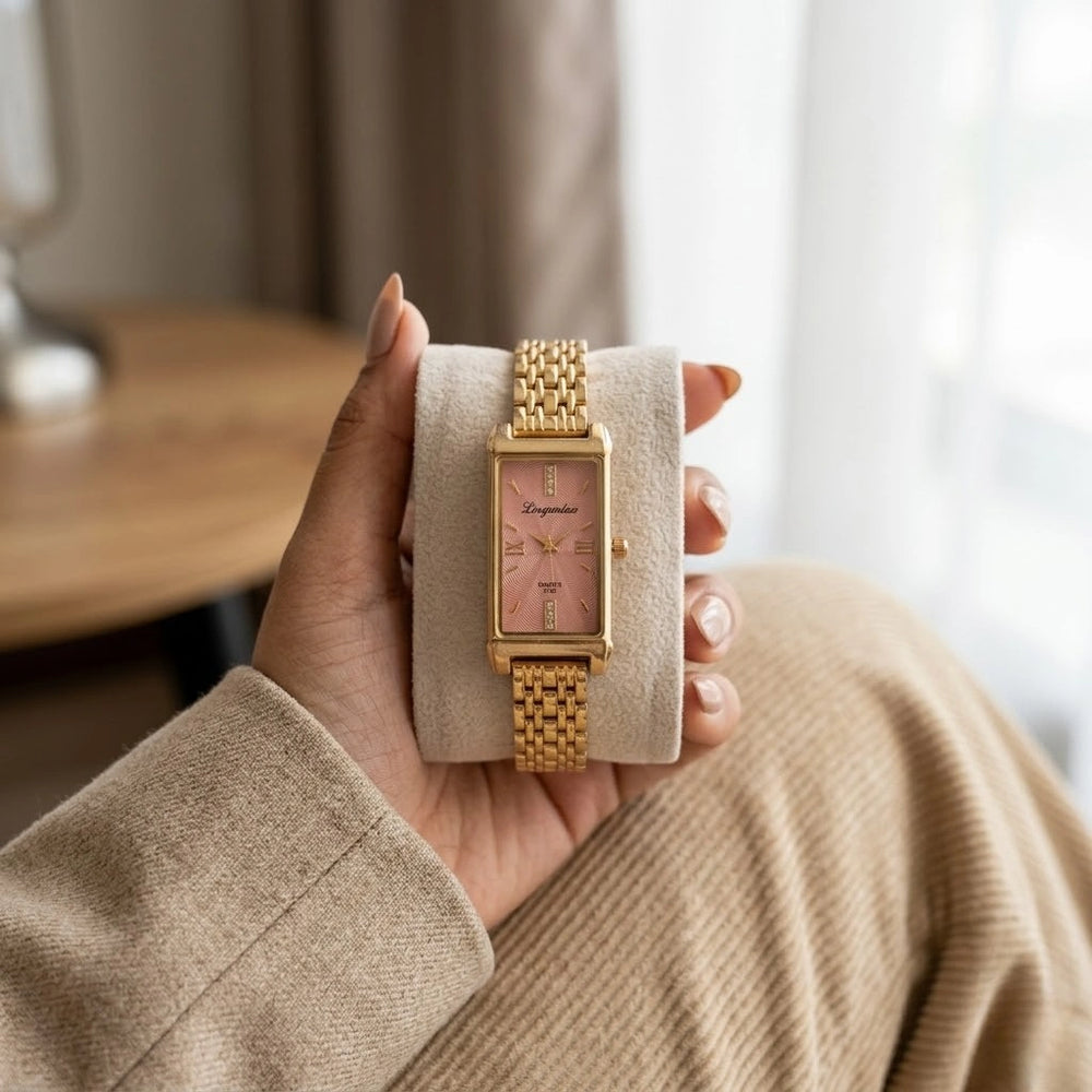 Vintage Rectangular Pink Dial Watch | Anti-Tarnish Gold Plated