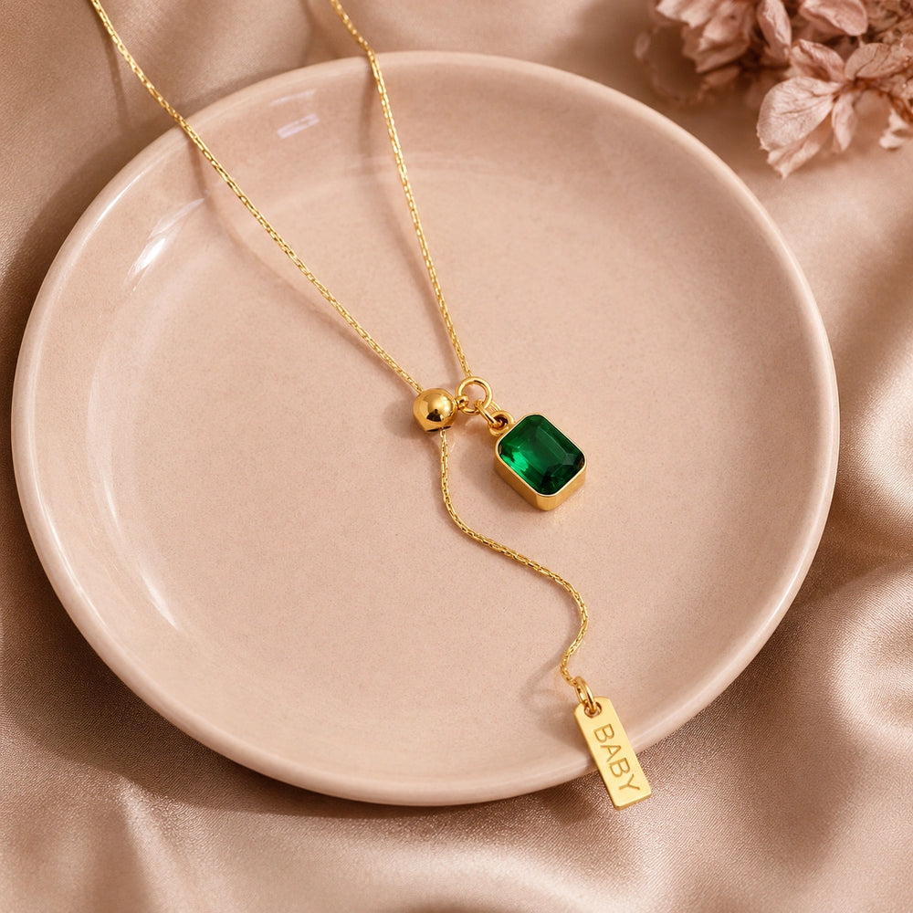 Emerald Green Gem Lariat Necklace - Anti-Tarnish Gold-Plated