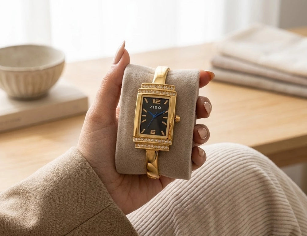 Vintage Rectangular Anti-Tarnish Gold Plated Bangle Watch with Black Dial