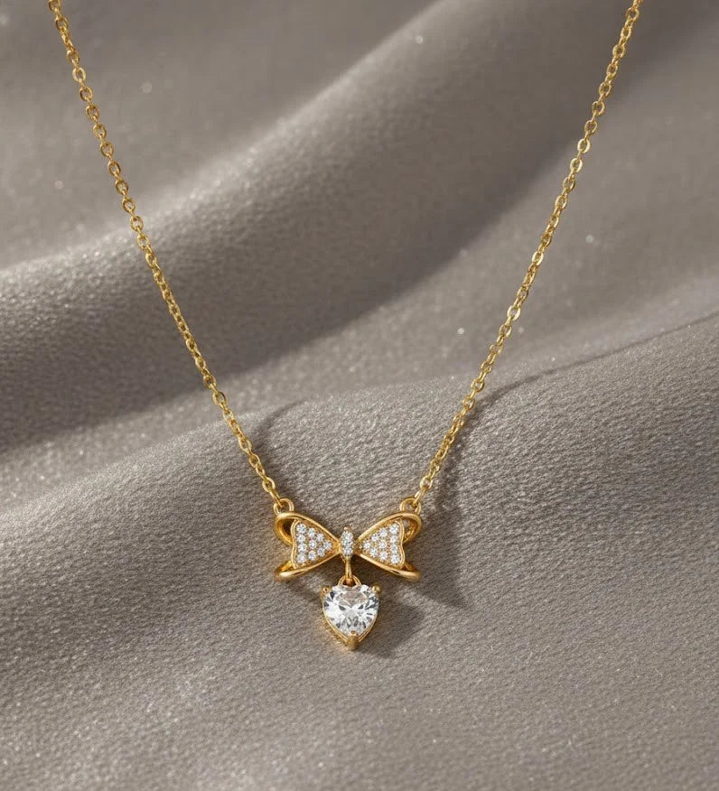 Crystal Bow & Heart Pendant Necklace | Anti-Tarnish Gold Plated Snake Chain