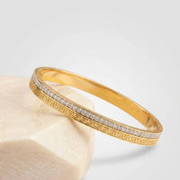 Greek Key CZ Bangle - Anti-Tarnish Gold-Plated Bracelet for Women