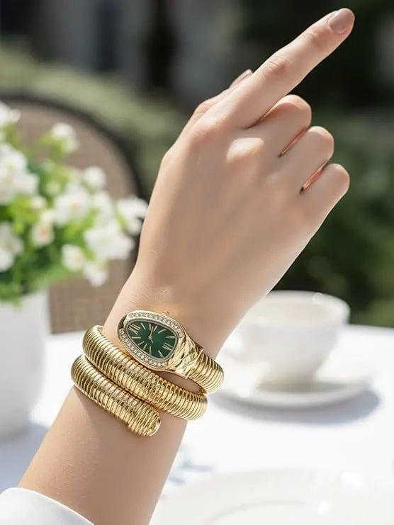 Luxury Anti-Tarnish Gold Plated Serpentine Wrap Watch | Green Dial & Crystal Bezel