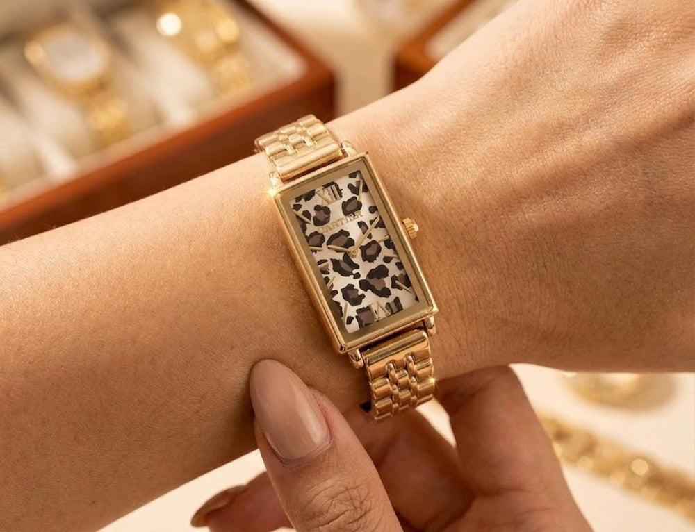 Leopard Print Dial Rectangular Analog Wristwatch - Anti-Tarnish Gold Plated