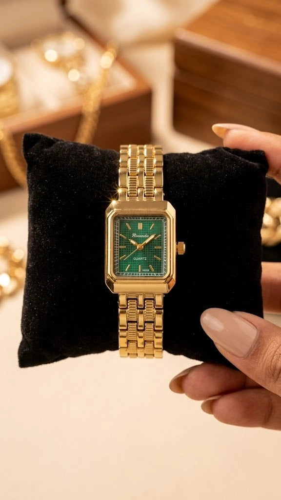 Close up of the metallic link chain strap on anti tarnish gold plated watch