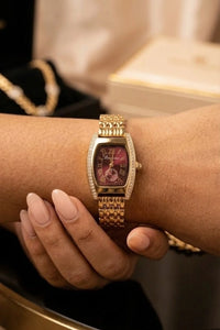 Luxury Wine Red Dial Roman Numeral Tonneau Watch – Anti-Tarnish Gold Plated