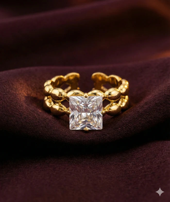 Princess Cut Square Stone Ring with Double Beaded Band | Anti-Tarnish