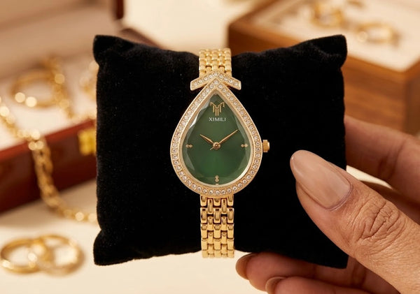 Side angle view of the elegant anti-tarnish gold plated link strap watch from Moncheri Jewels.