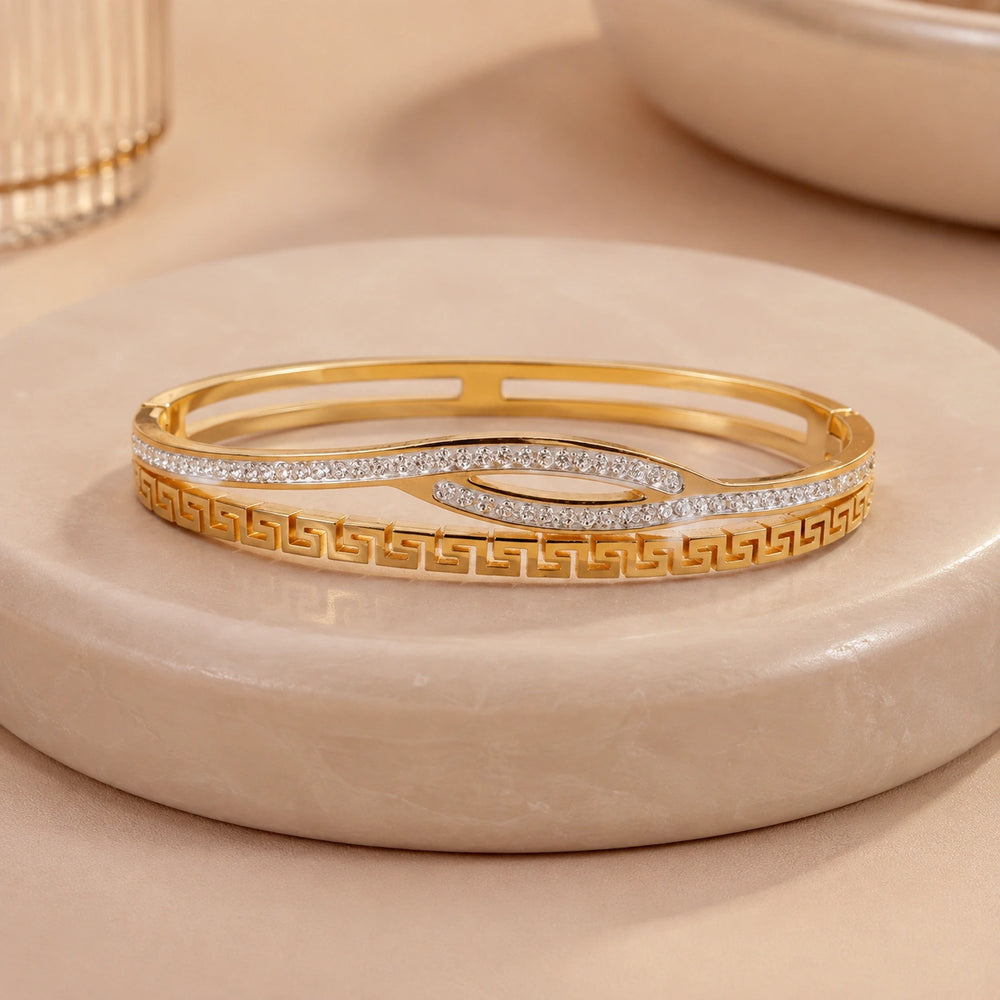 Anti-Tarnish Greek Key & Zircon Wave Gold-Plated Bangle Bracelet