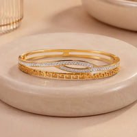 Anti-Tarnish Greek Key & Zircon Wave Gold-Plated Bangle Bracelet