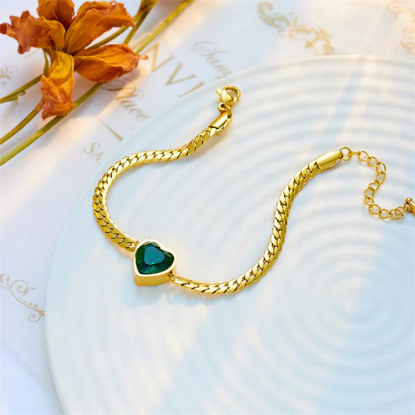 Emerald Green Heart Gold Plated Chain Bracelet | Anti-Tarnish & Waterproof