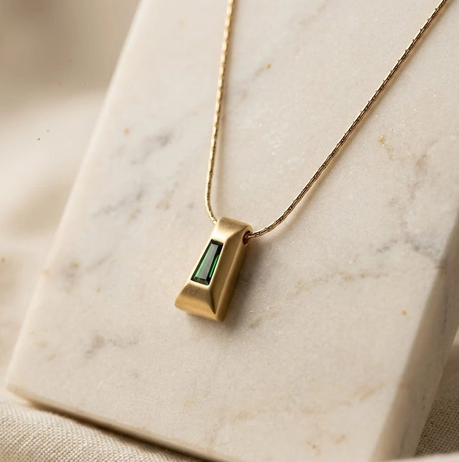 Geometric Green Stone Pendant Necklace | Anti-Tarnish Minimalist Chain