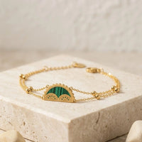 Green Stone Semi-Circle Double Layer Gold Plated Bracelet | Anti-Tarnish