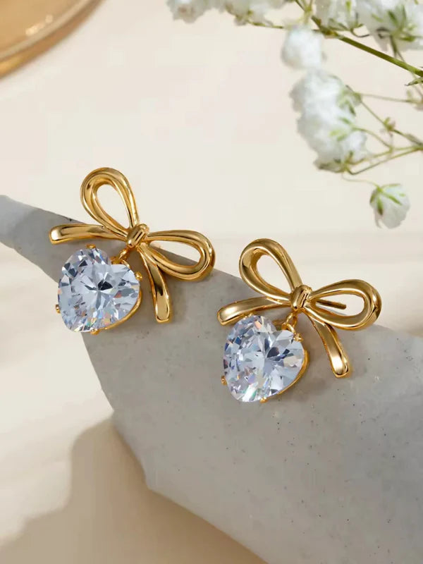 Bow and Heart Drop Earrings - Anti Tarnish Gold Plated