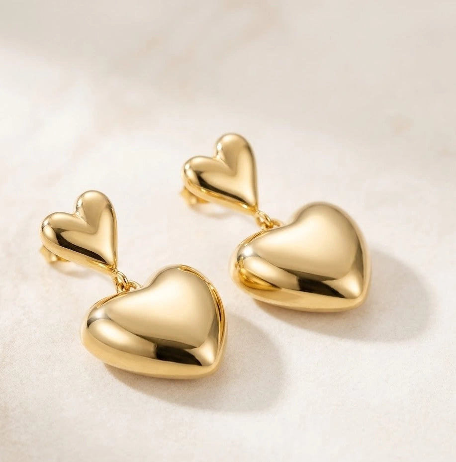Double Heart Drop Earrings - Anti-Tarnish Gold Plated