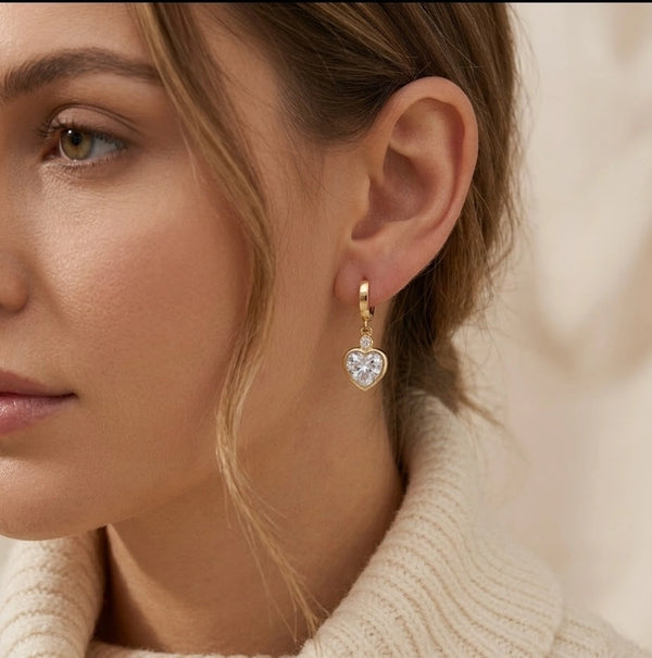 Anti Tarnish Heart Drop Earrings with Zirconia Stones