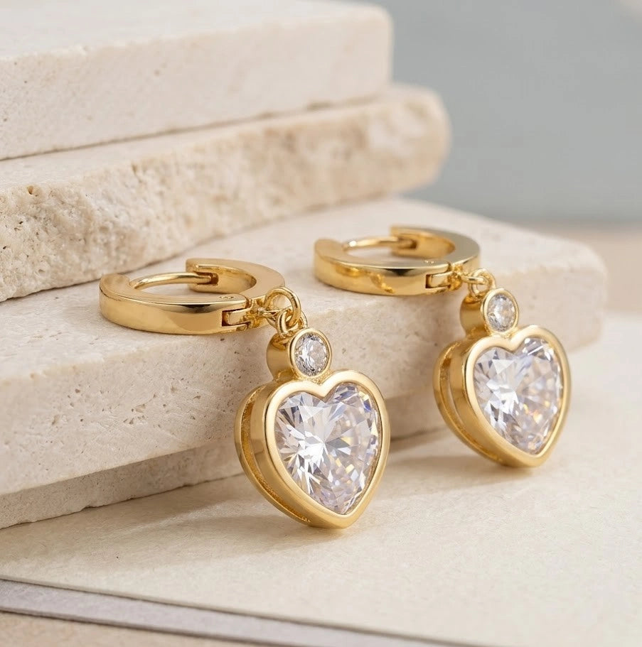 Anti Tarnish Heart Drop Earrings with Zirconia Stones