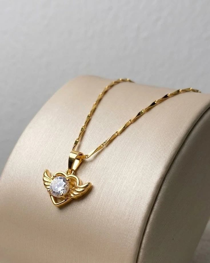 Angel Wings Heart Crystal Necklace - Anti Tarnish Gold Plated