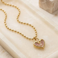 Pink Heart Lock Necklace - Anti-Tarnish Gold Plated Beaded Chain