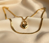 Gold Plated Heart Pendant Double Layered Snake Chain Necklace - Anti-Tarnish Korean Jewellery
